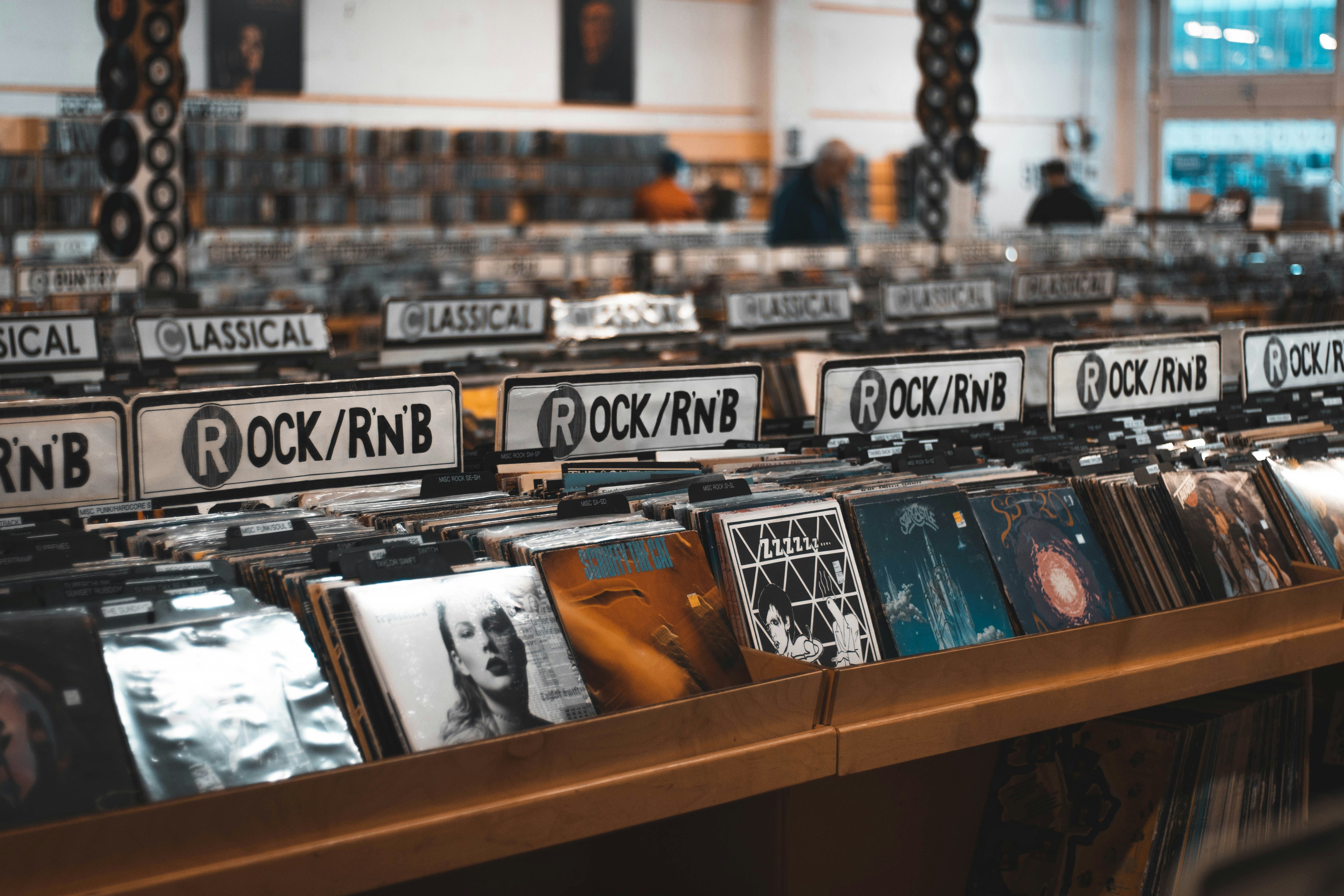 Crates of vinyl records in an independent record store